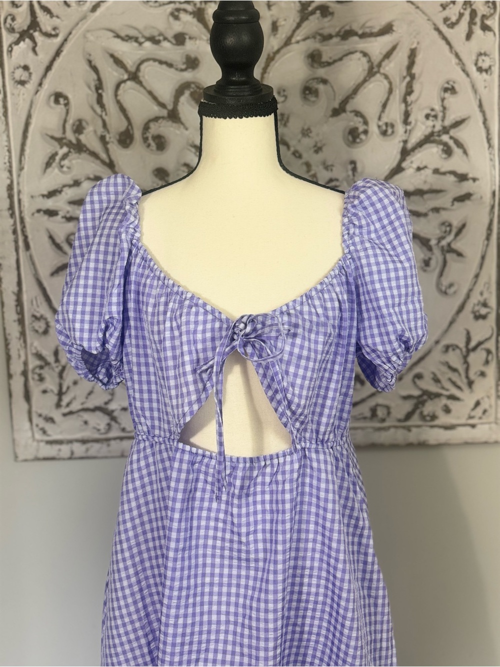 H&M Lavender Gingham Tie-Front Puff Sleeve Blouse - Picture 3 of 8